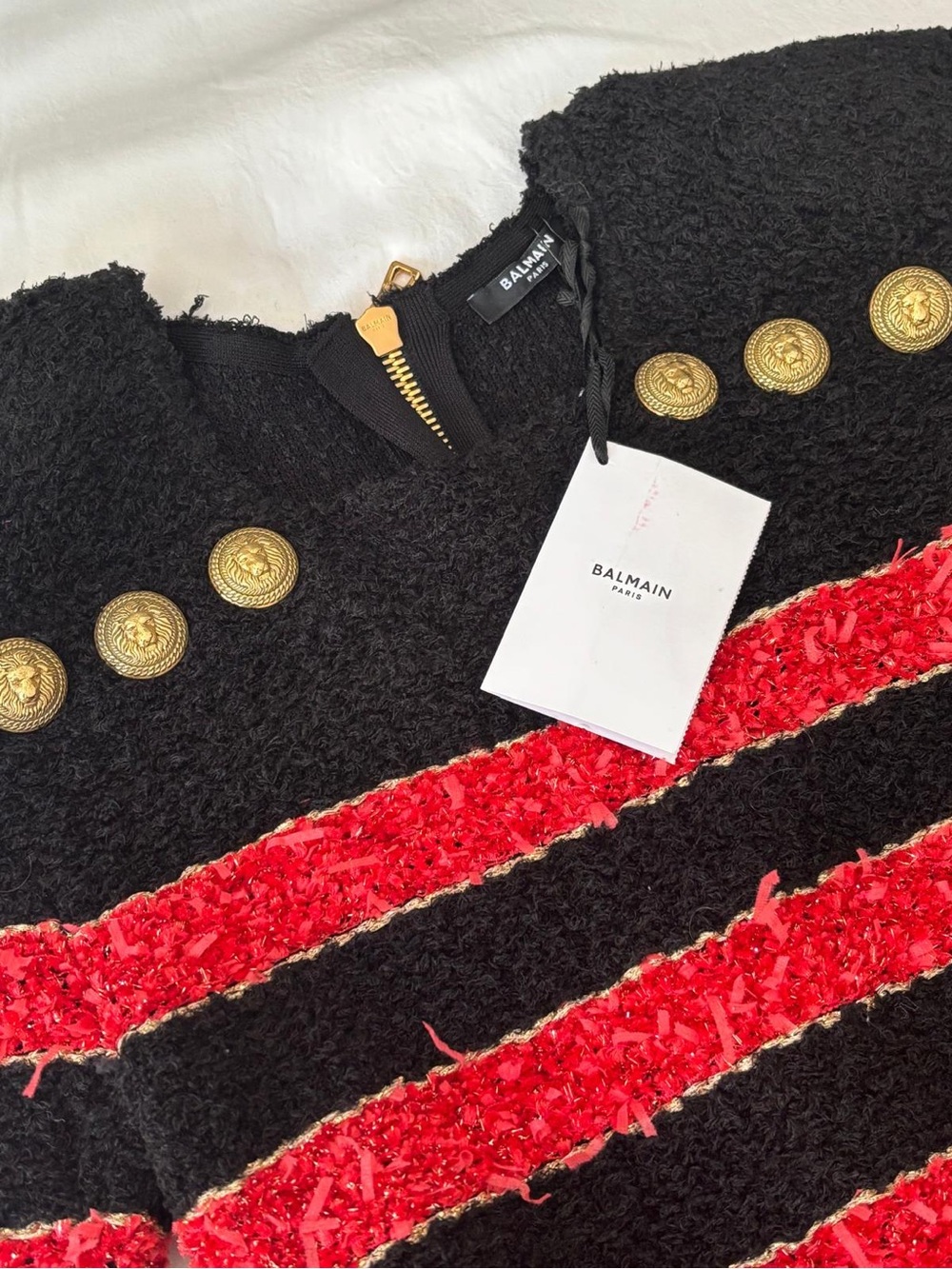 Balmain Black Bouclé Blazer with Red Striped Trim and Gold Buttons